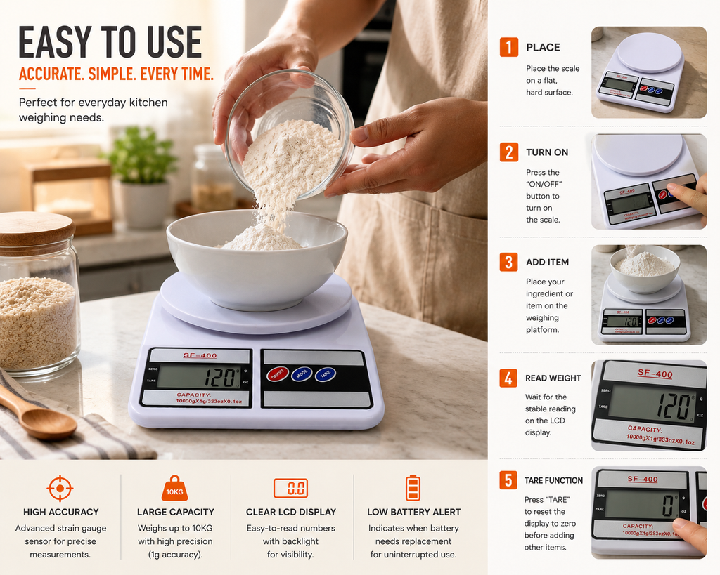 ELNEOR Digital Kitchen Scale SF-400 – 10kg Precision with LCD Display & Tare Function