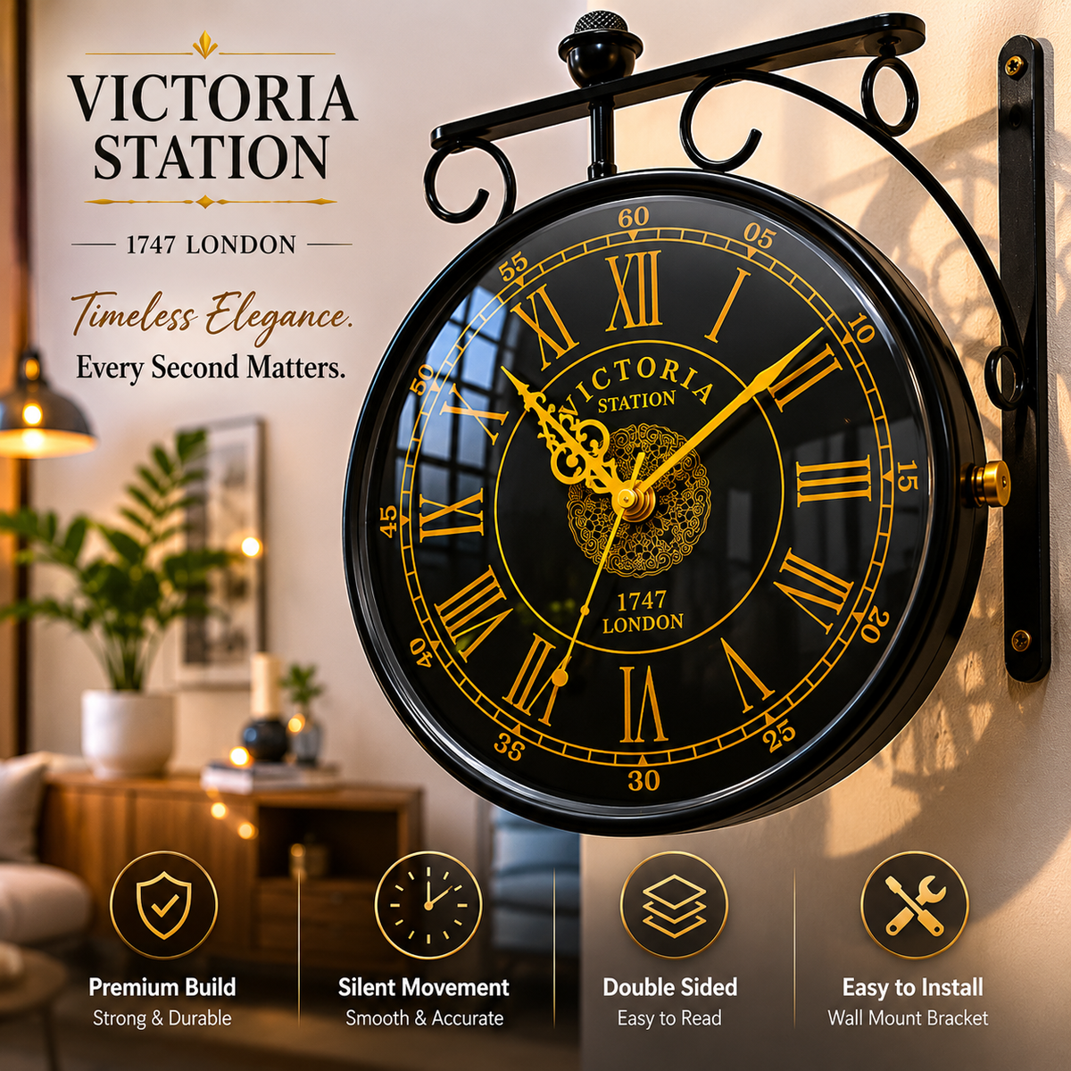 Station clock double-sided display and wall mounting features