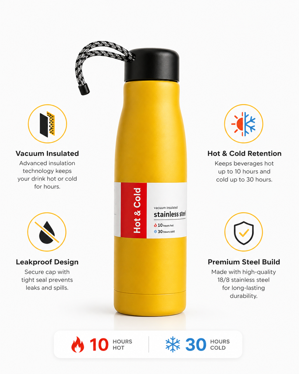 ELNEOR™ Hot & Cold Vacuum Insulated Stainless Steel Water Bottle | 10H Hot · 30H Cold | Leakproof | BPA Free