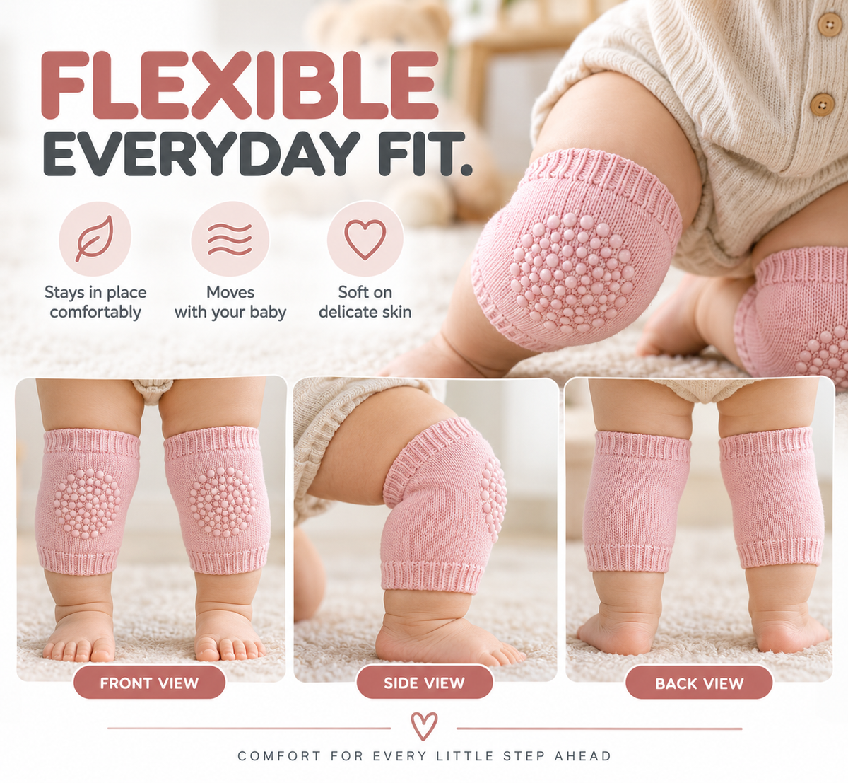 Pink baby knee pads shown in front, side, and back views