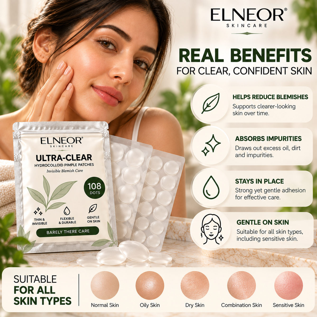 ELNEOR Ultra-Clear Hydrocolloid Pimple Patches (108 Dots) – Invisible Overnight Blemish Care