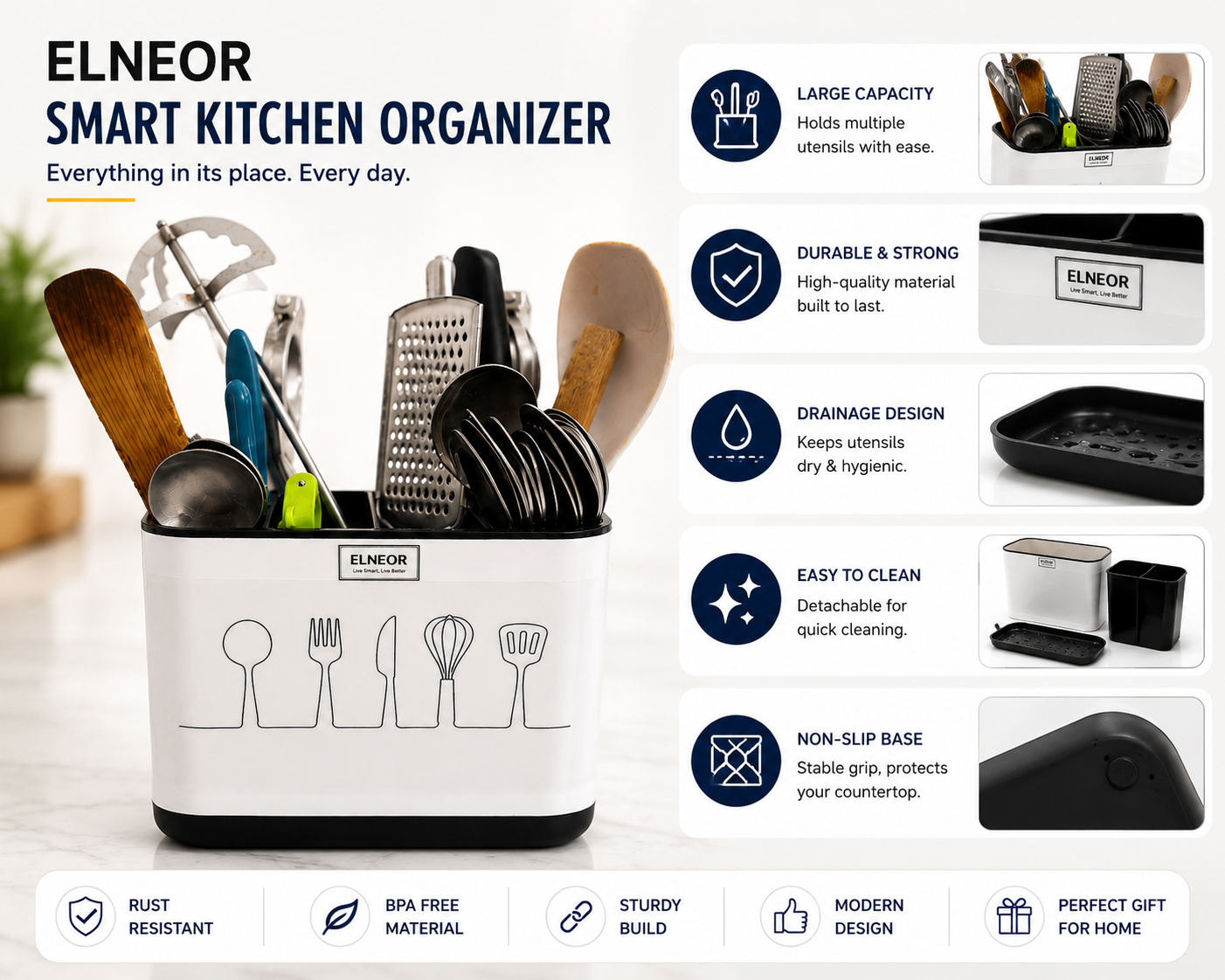 ELNEOR Kitchen Utensil Holder – Smart Spoon Organiser with Drainage