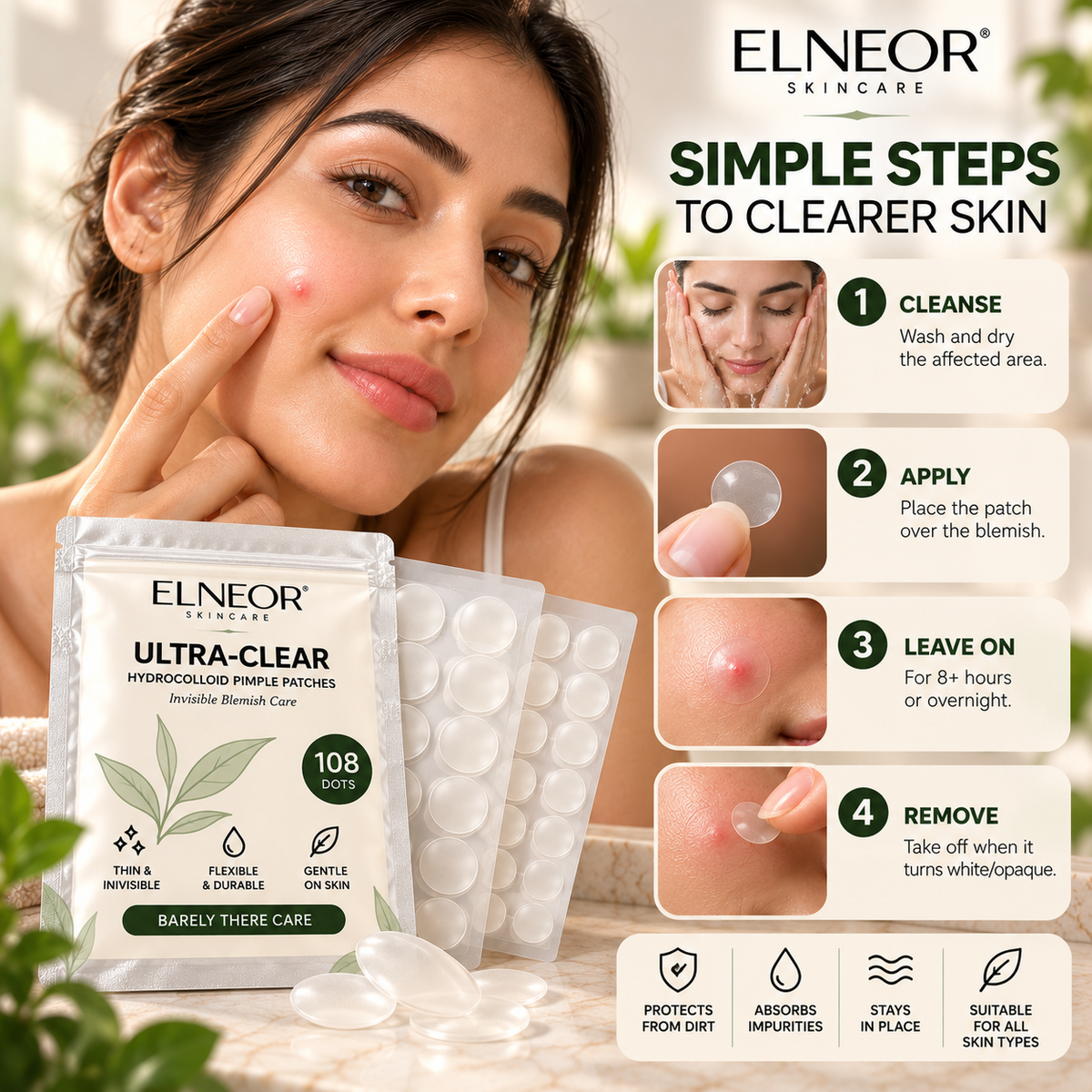 ELNEOR Ultra-Clear Hydrocolloid Pimple Patches (108 Dots) – Invisible Overnight Blemish Care