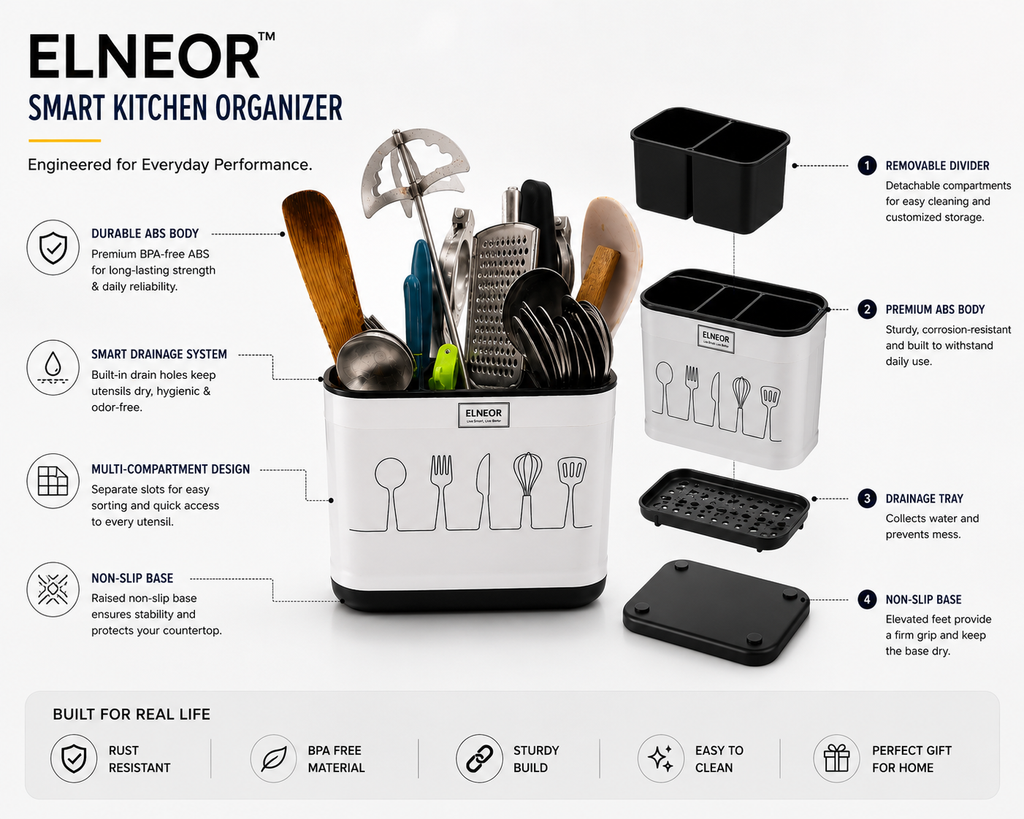 ELNEOR Kitchen Utensil Holder – Smart Spoon Organiser with Drainage