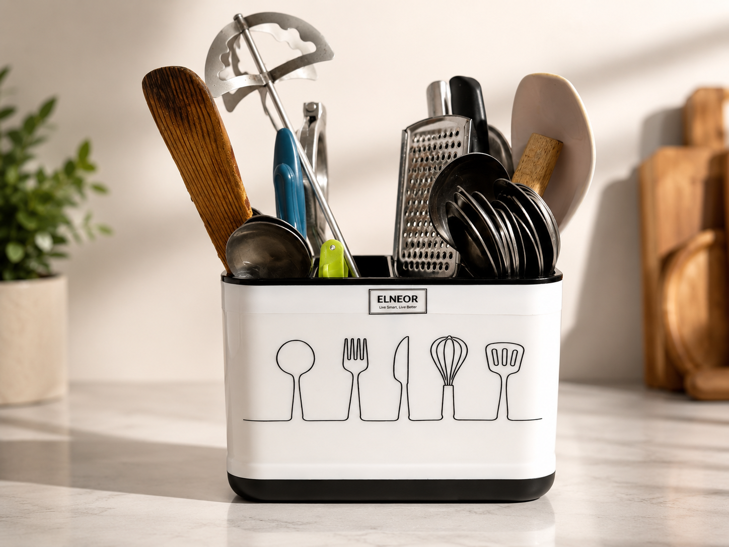 ELNEOR Kitchen Utensil Holder – Smart Spoon Organiser with Drainage