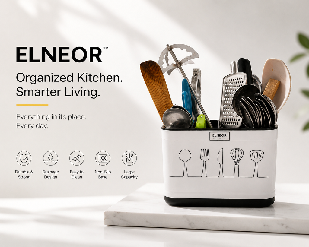 ELNEOR Kitchen Utensil Holder – Smart Spoon Organiser with Drainage