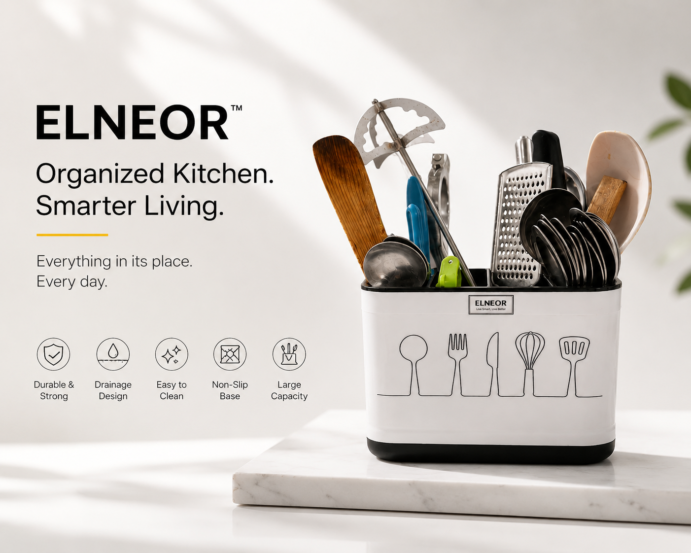 ELNEOR Kitchen Utensil Holder – Smart Spoon Organiser with Drainage