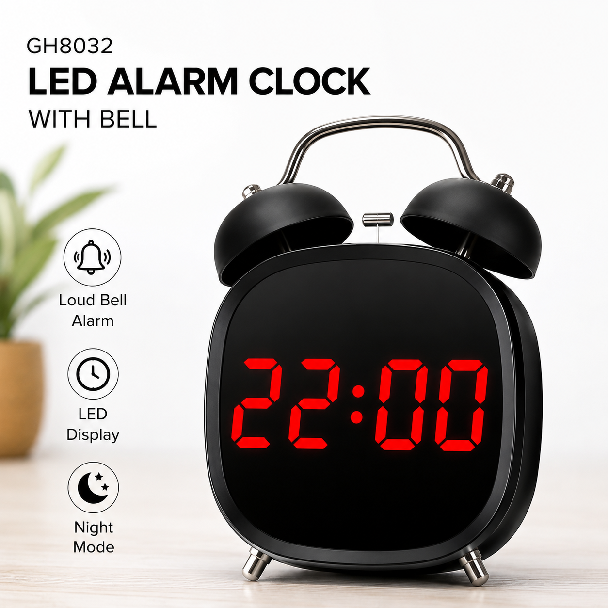 ELNEOR Retro LED Alarm Clock with Twin Bells — Premium Digital Display | USB Rechargeable