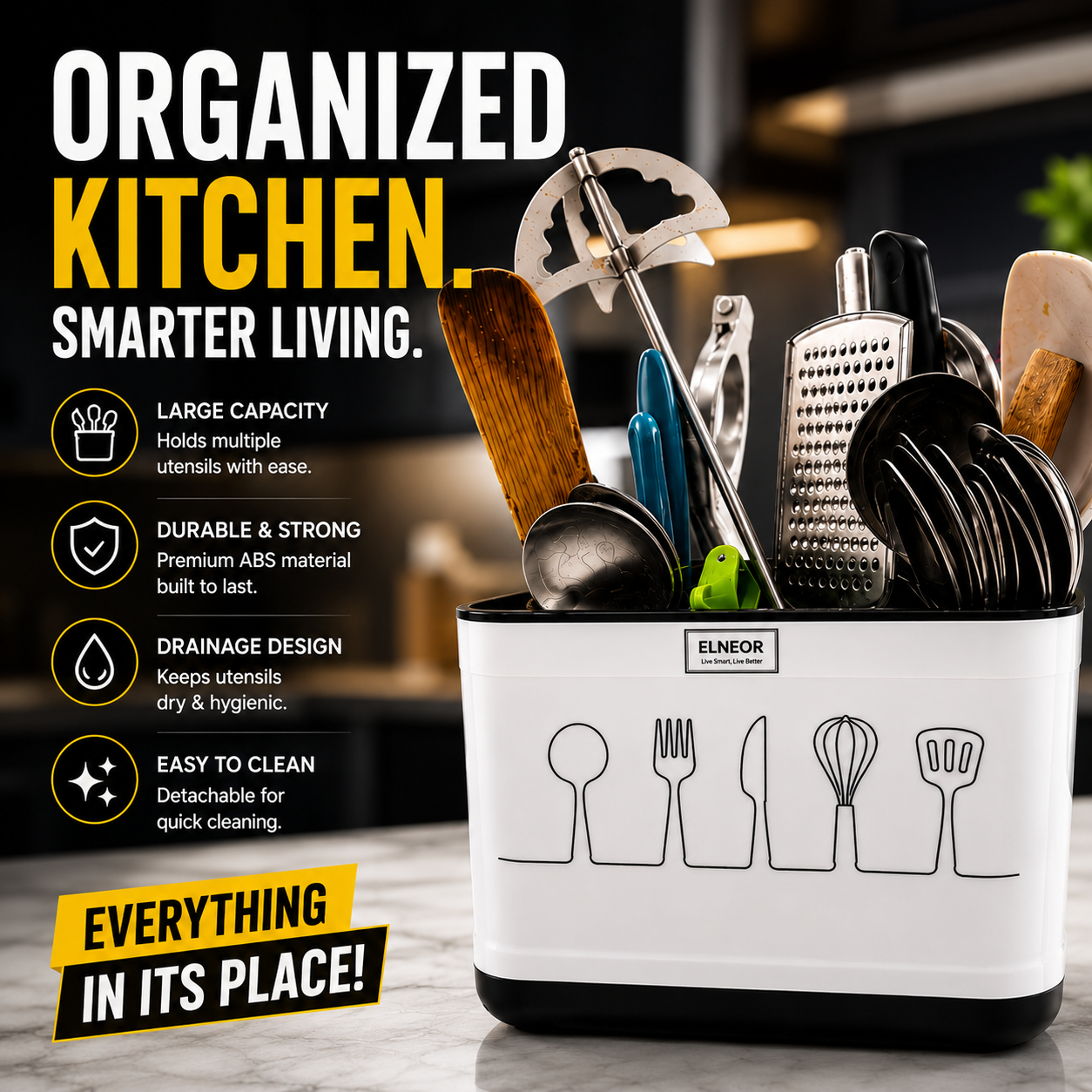ELNEOR Kitchen Utensil Holder – Smart Spoon Organiser with Drainage