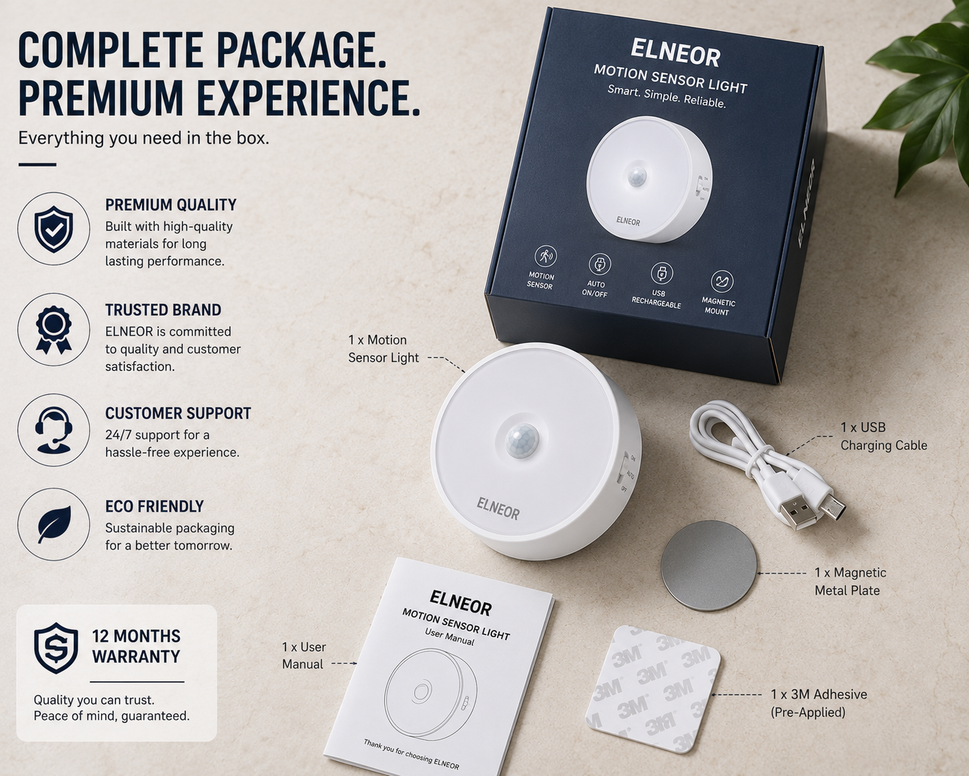 ELNEOR Motion Sensor Night Light – Complete Package Contents & 12 Month Warranty