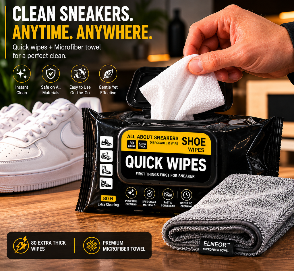 ELNEOR Shoe Quick Wipes – 80 Extra Thick Wipes + Premium Microfiber Towel Bundle