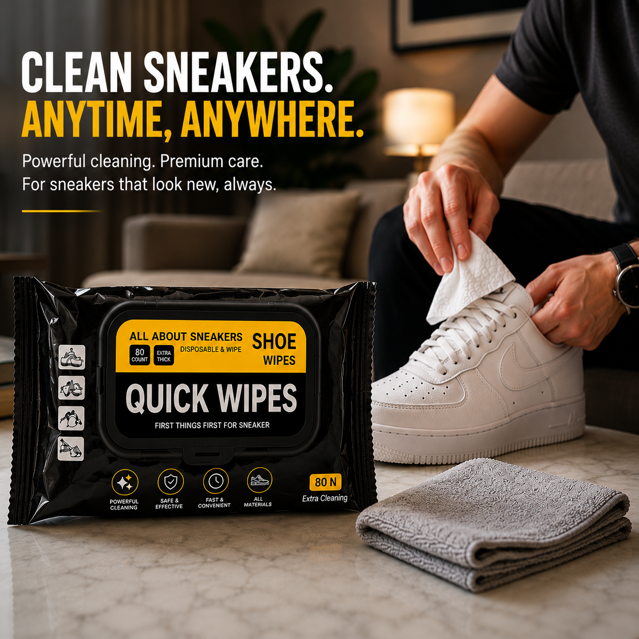 ELNEOR Shoe Quick Wipes – 80 Extra Thick Wipes + Premium Microfiber Towel Bundle
