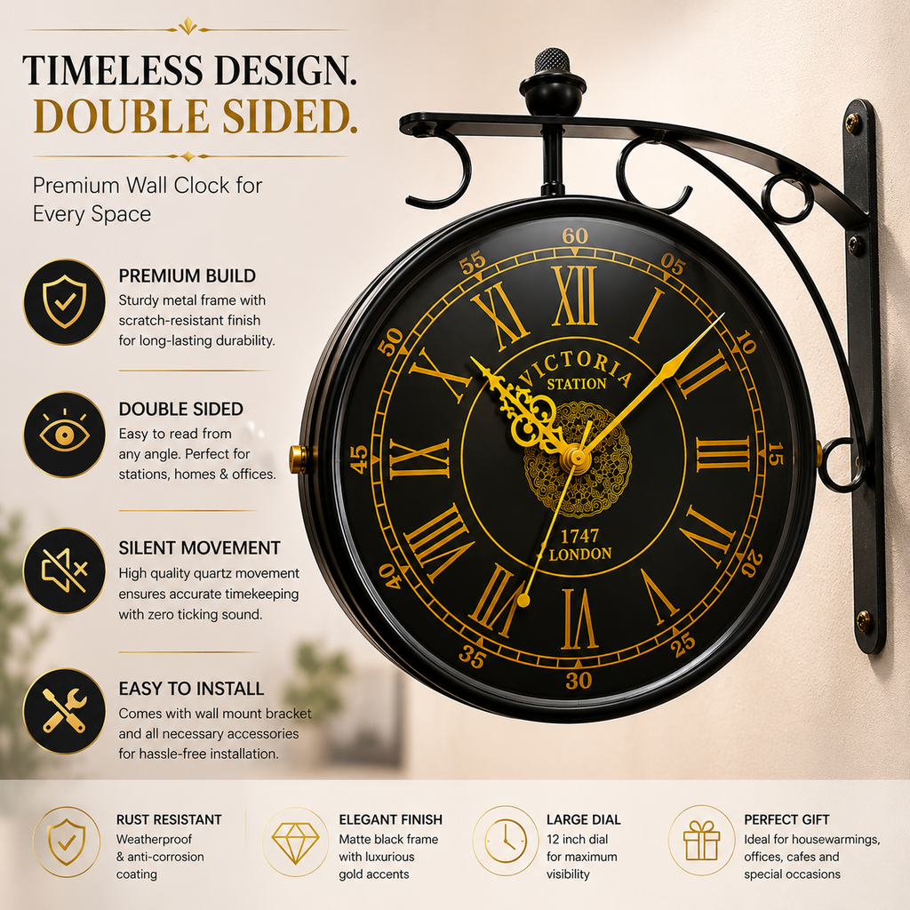 Double-sided station clock with decorative wall bracket