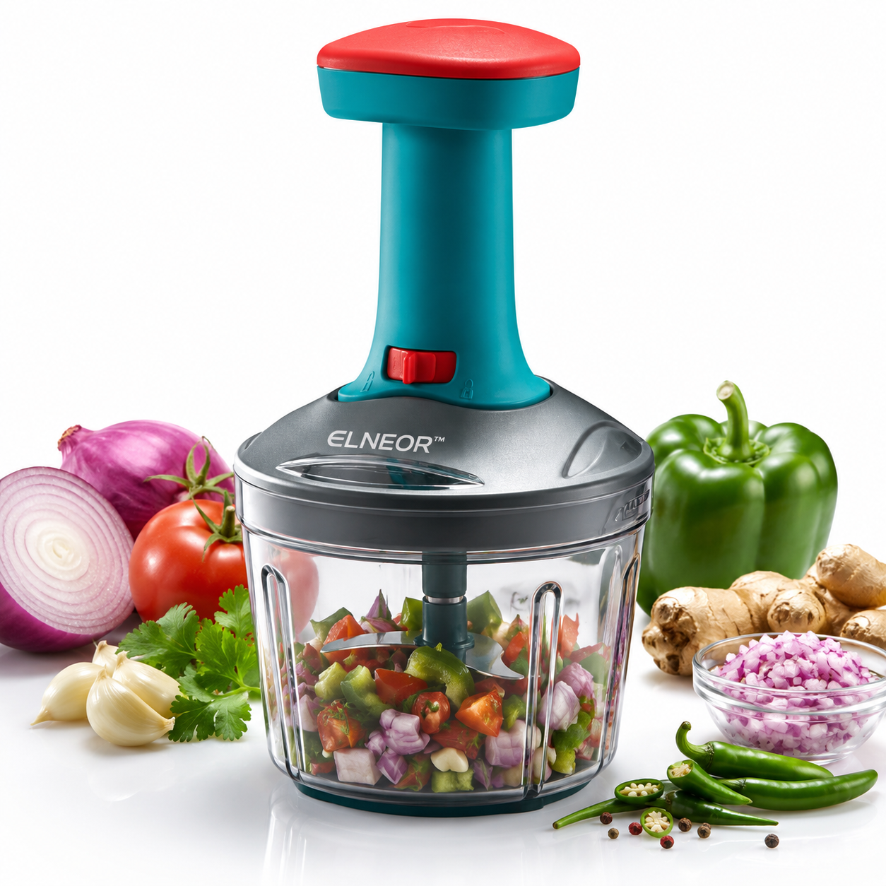 ELNEOR Smart Chop Pro – Manual Push Chopper with Safety Lock | 750ml | Triple SS Blade | Chop, Blend & Whisk