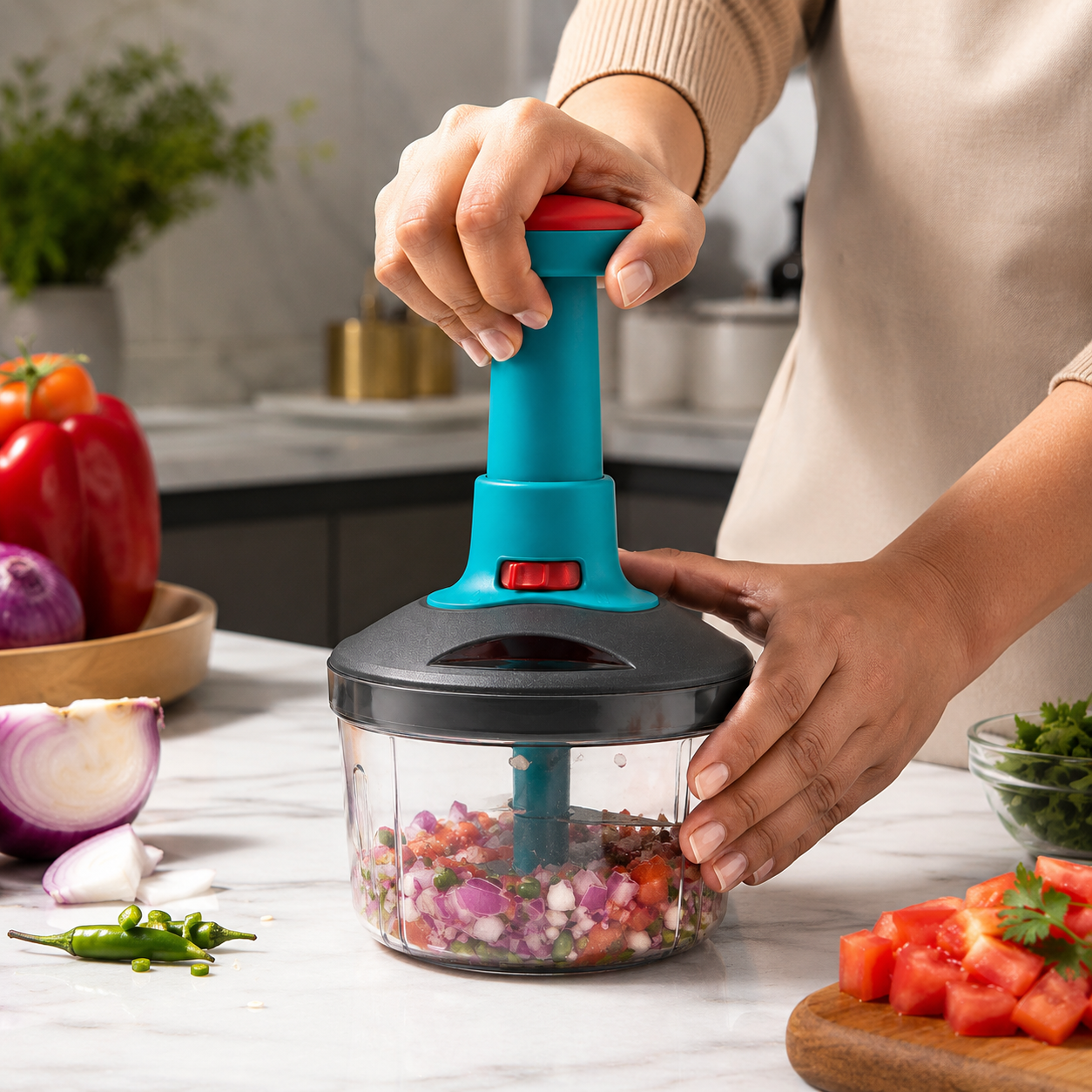 ELNEOR Smart Chop Pro – Manual Push Chopper with Safety Lock | 750ml | Triple SS Blade | Chop, Blend & Whisk