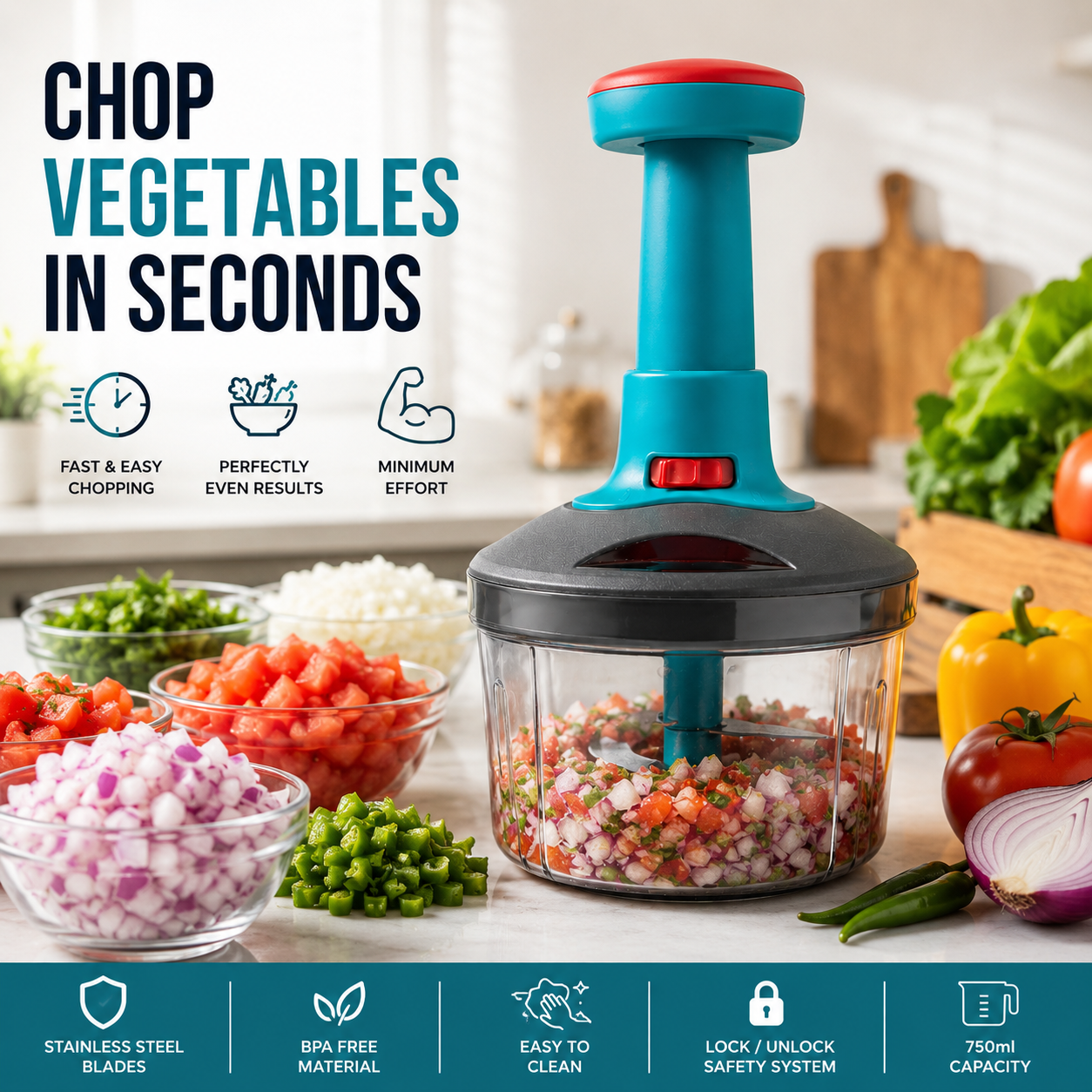 ELNEOR Smart Chop Pro – Manual Push Chopper with Safety Lock | 750ml | Triple SS Blade | Chop, Blend & Whisk
