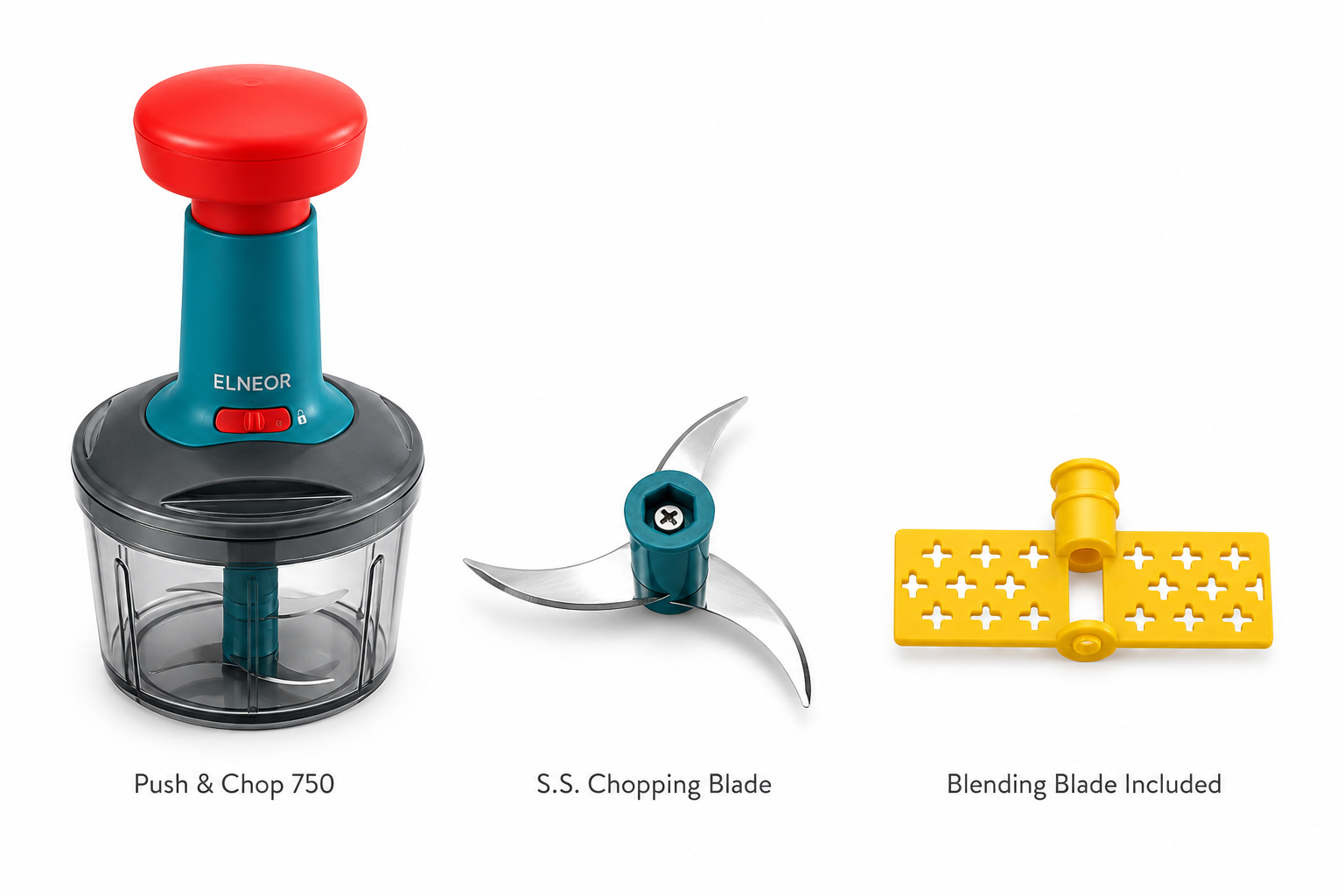 ELNEOR Smart Chop Pro – Manual Push Chopper with Safety Lock | 750ml | Triple SS Blade | Chop, Blend & Whisk