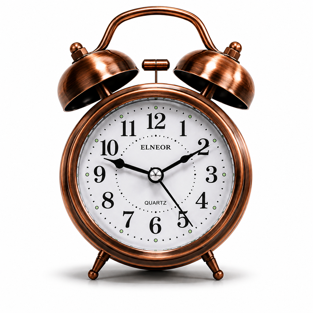 ELNEOR Vintage Twin Bell Alarm Clock — Brushed Copper | Silent Quartz Movement