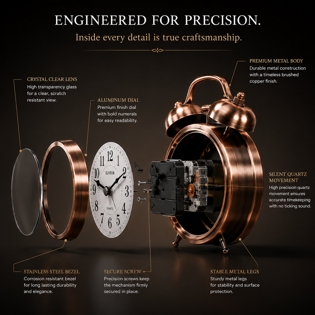 ELNEOR Vintage Twin Bell Alarm Clock — Brushed Copper | Silent Quartz Movement