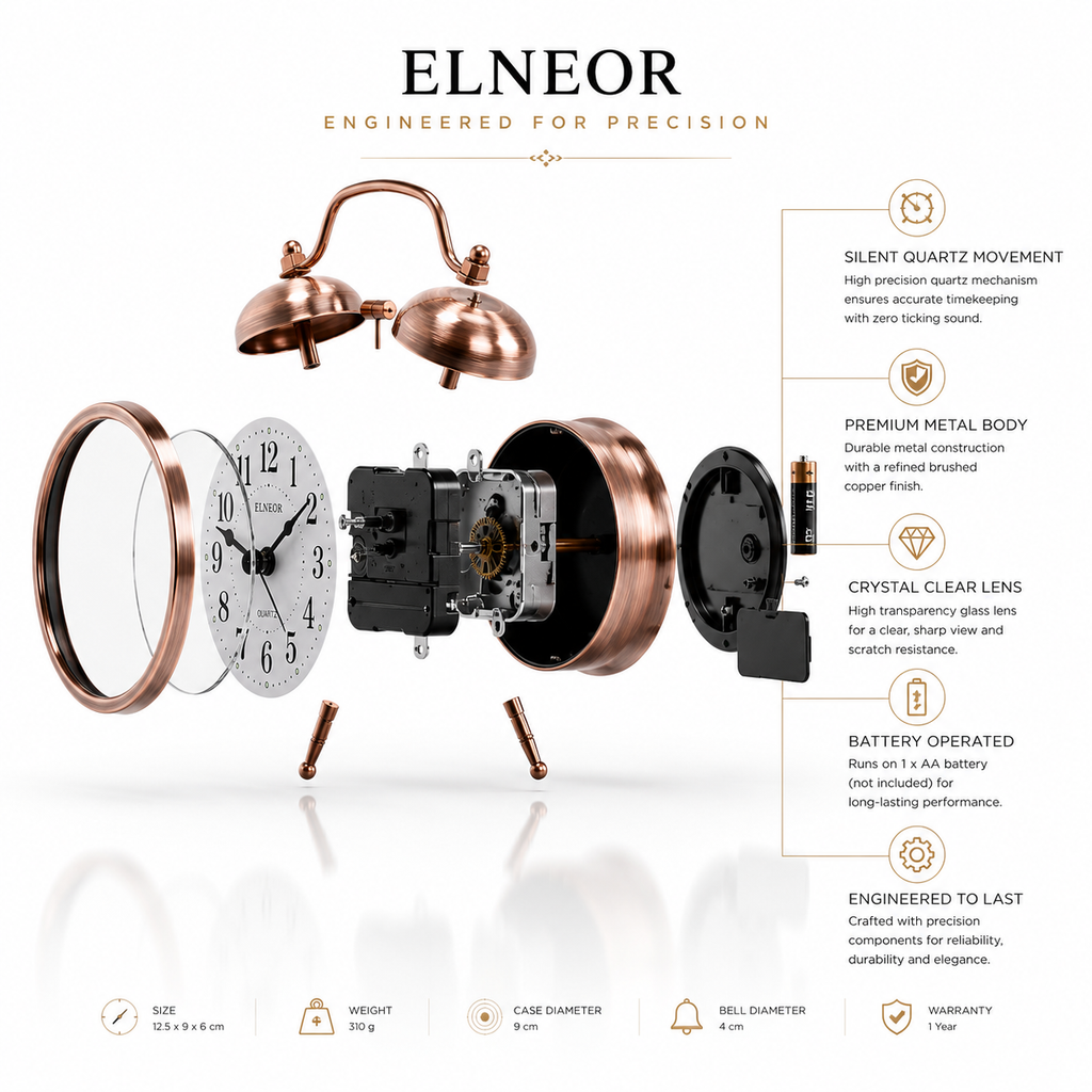 ELNEOR Vintage Twin Bell Alarm Clock — Brushed Copper | Silent Quartz Movement