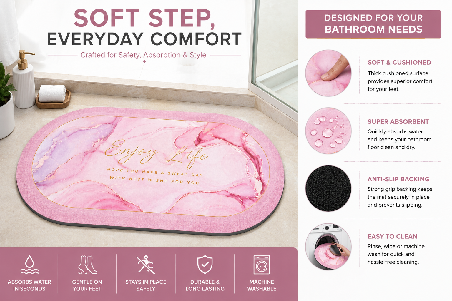 ELNEOR Pink Marble Bath Mat – Comfort & Quality Infographic