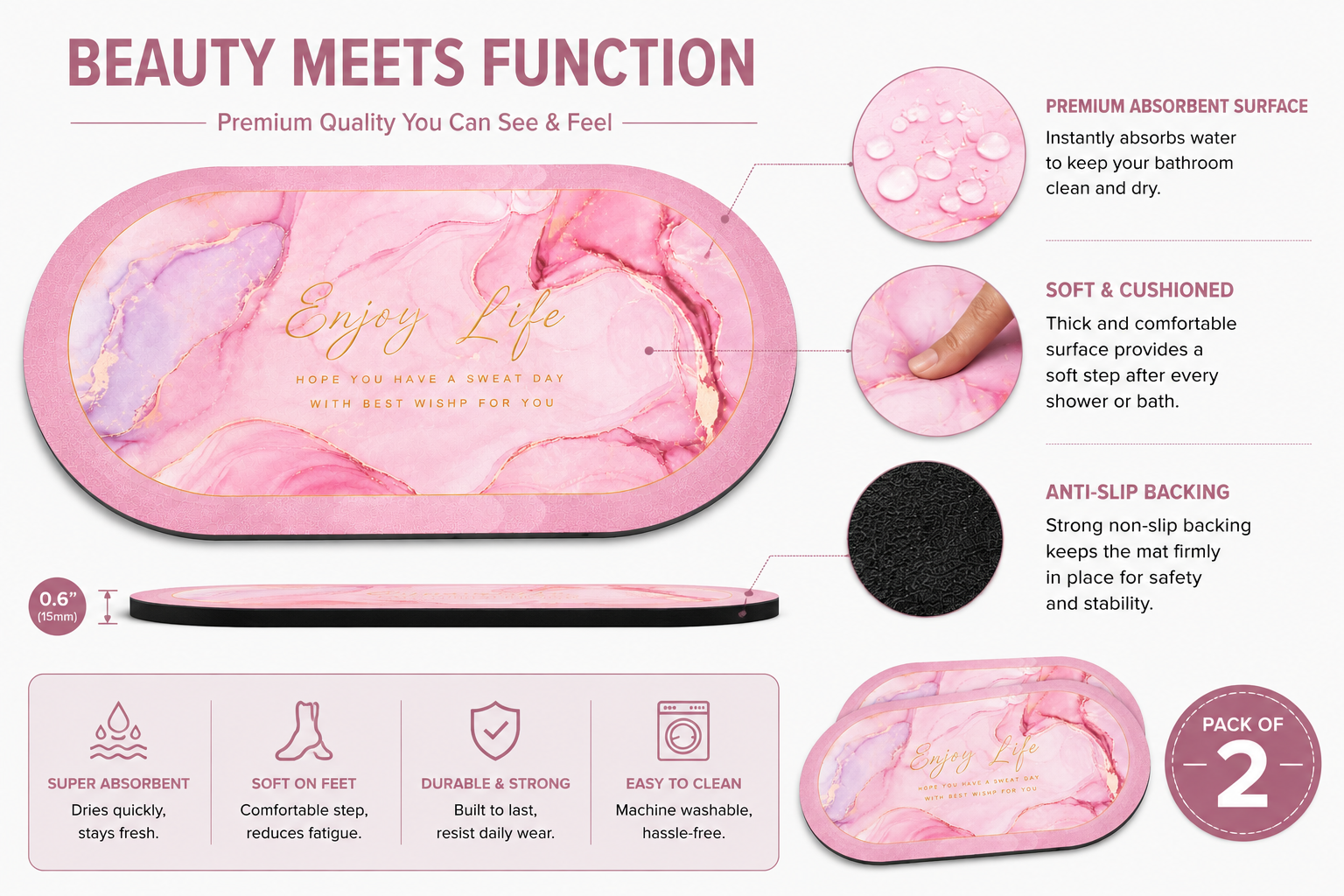 ELNEOR Pink Marble Bath Mat – Lifestyle Bathroom Shot