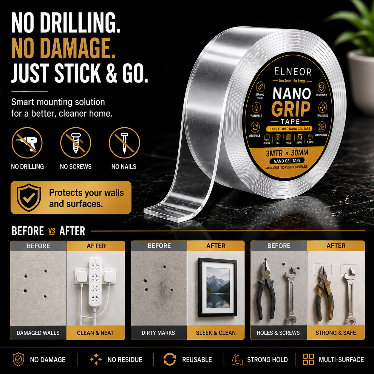 ELNEOR Nano Grip Tape – Works on Glass Tile Metal Wood Plastic Marble