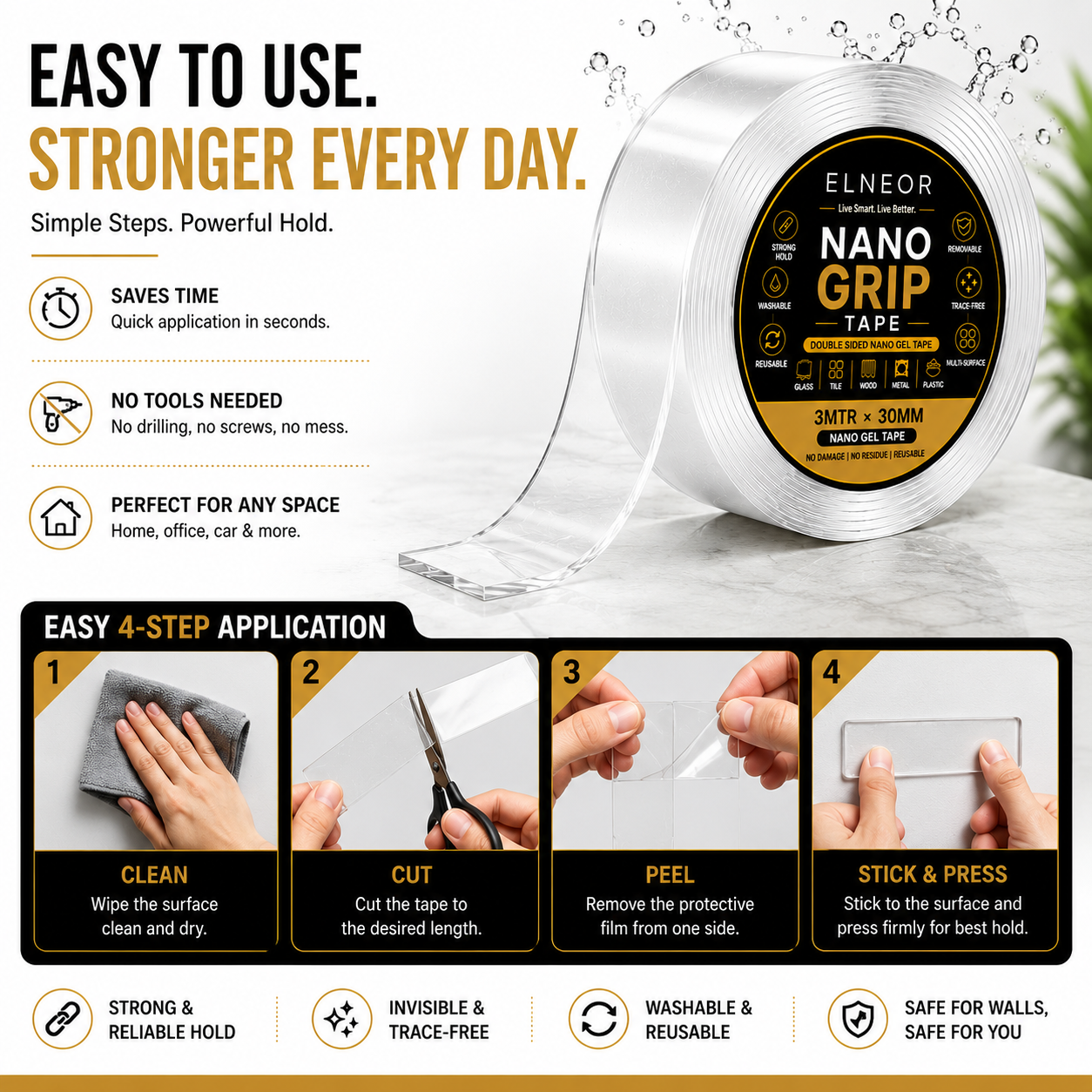 ELNEOR Nano Grip Tape – No Drilling No Screws No Nails
