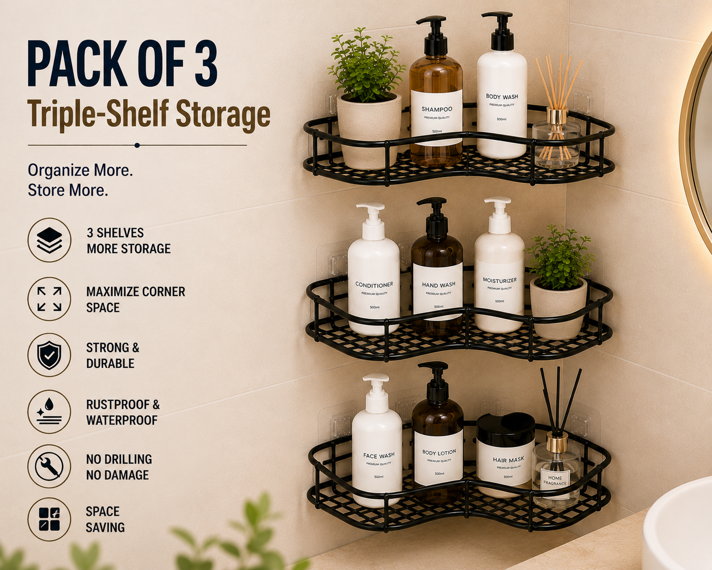 ELNEOR Bathroom Corner Shelf Pack of 4 – Four Level Storage