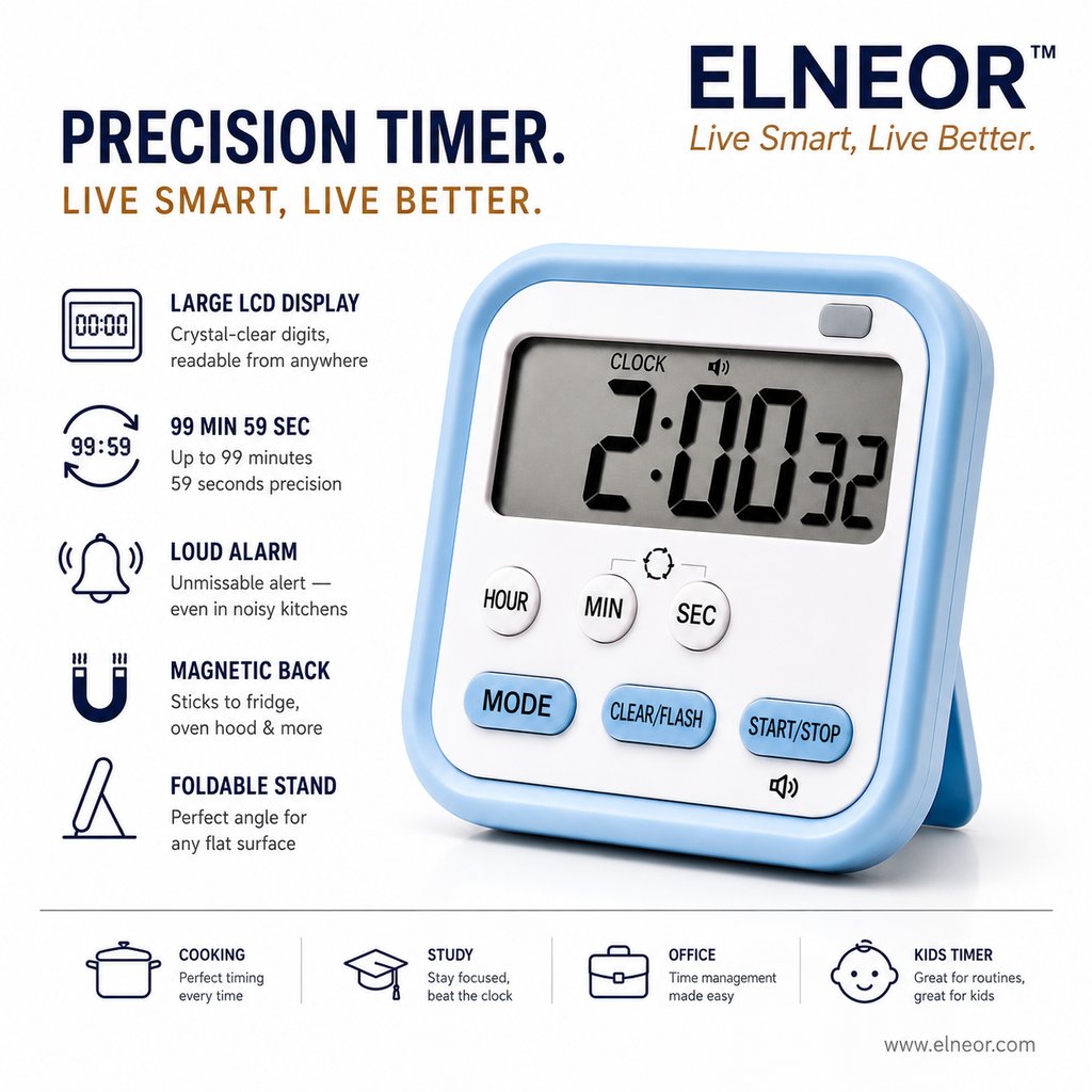 ELNEOR™ Digital Kitchen Timer - Premium LCD Display & Loud Alarm (Blue)