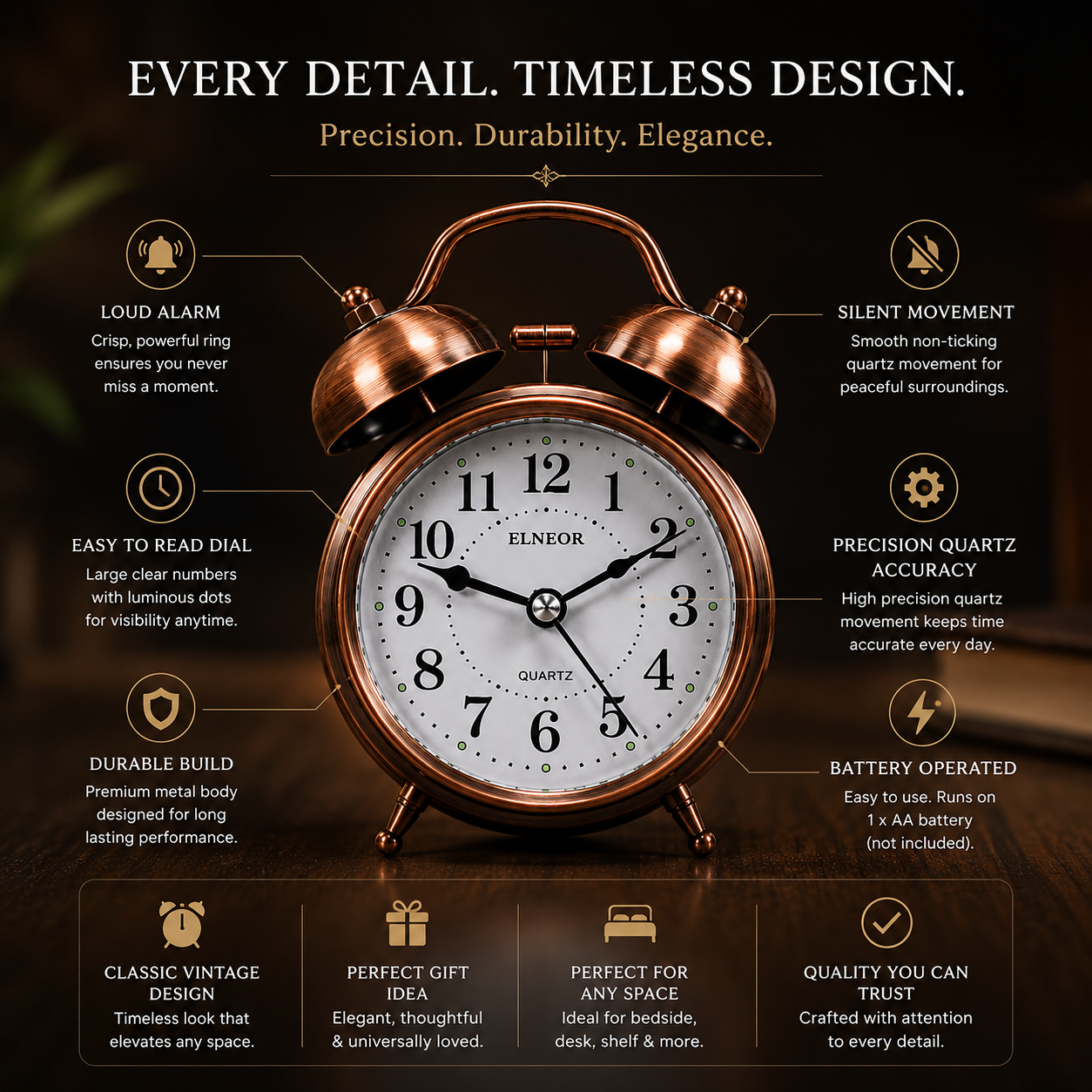 ELNEOR Vintage Twin Bell Alarm Clock — Brushed Copper | Silent Quartz Movement