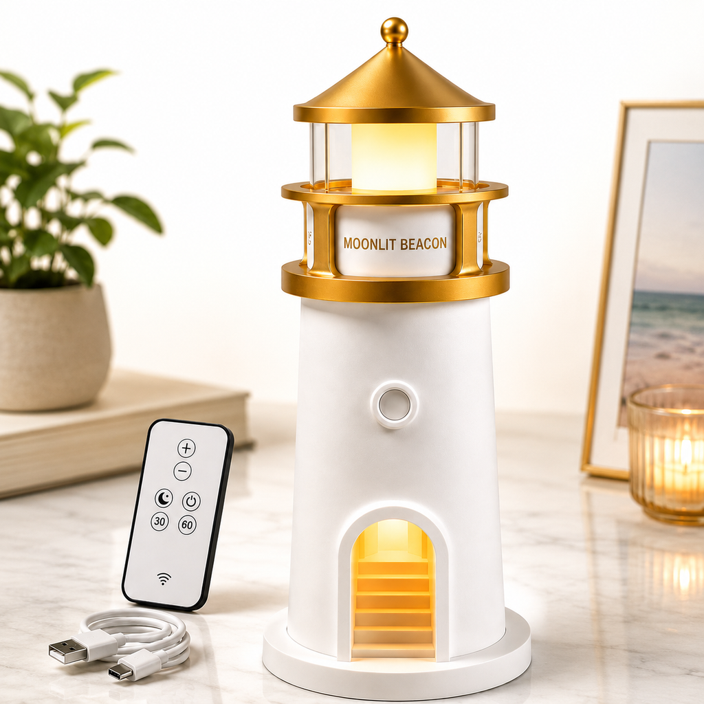 ELNEOR Moonlit Beacon Lighthouse Lamp – 360° Moon Projector Night Light with Remote