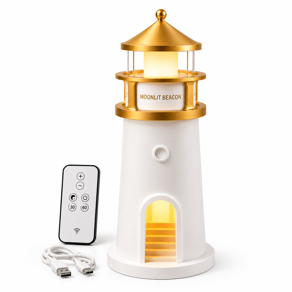 ELNEOR Moonlit Beacon Lighthouse Lamp – 360° Moon Projector Night Light with Remote