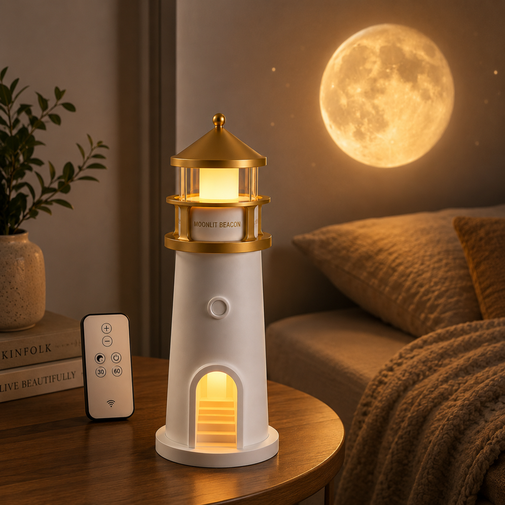 ELNEOR Moonlit Beacon Lighthouse Lamp – 360° Moon Projector Night Light with Remote