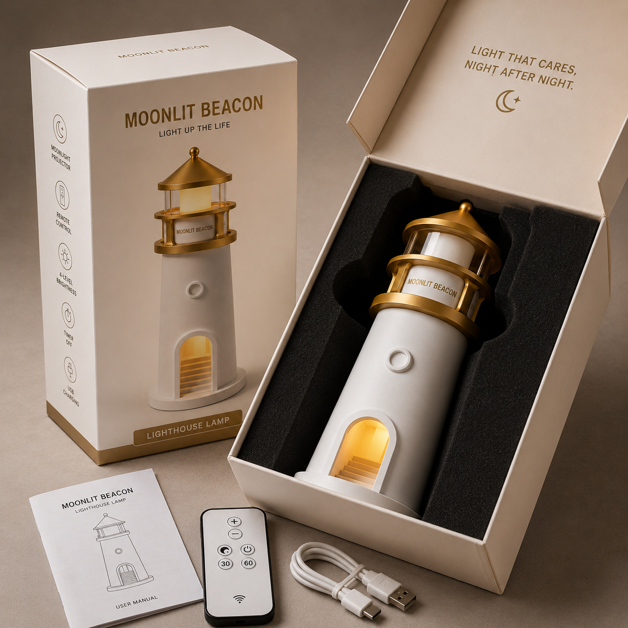 ELNEOR Moonlit Beacon Lighthouse Lamp – 360° Moon Projector Night Light with Remote