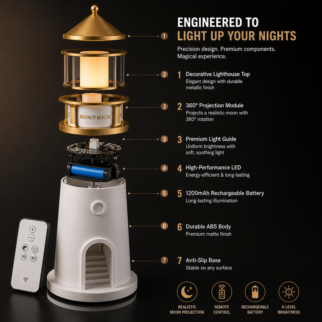 ELNEOR Moonlit Beacon Lighthouse Lamp – 360° Moon Projector Night Light with Remote