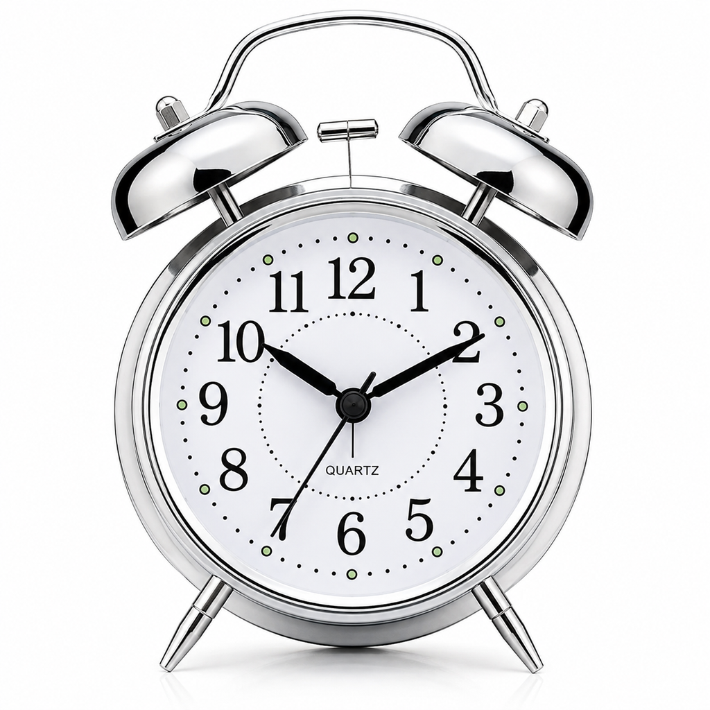 ELNEOR Retro Twin Bell Alarm Clock – Silent Quartz Movement | Loud Alarm | Chrome Finish