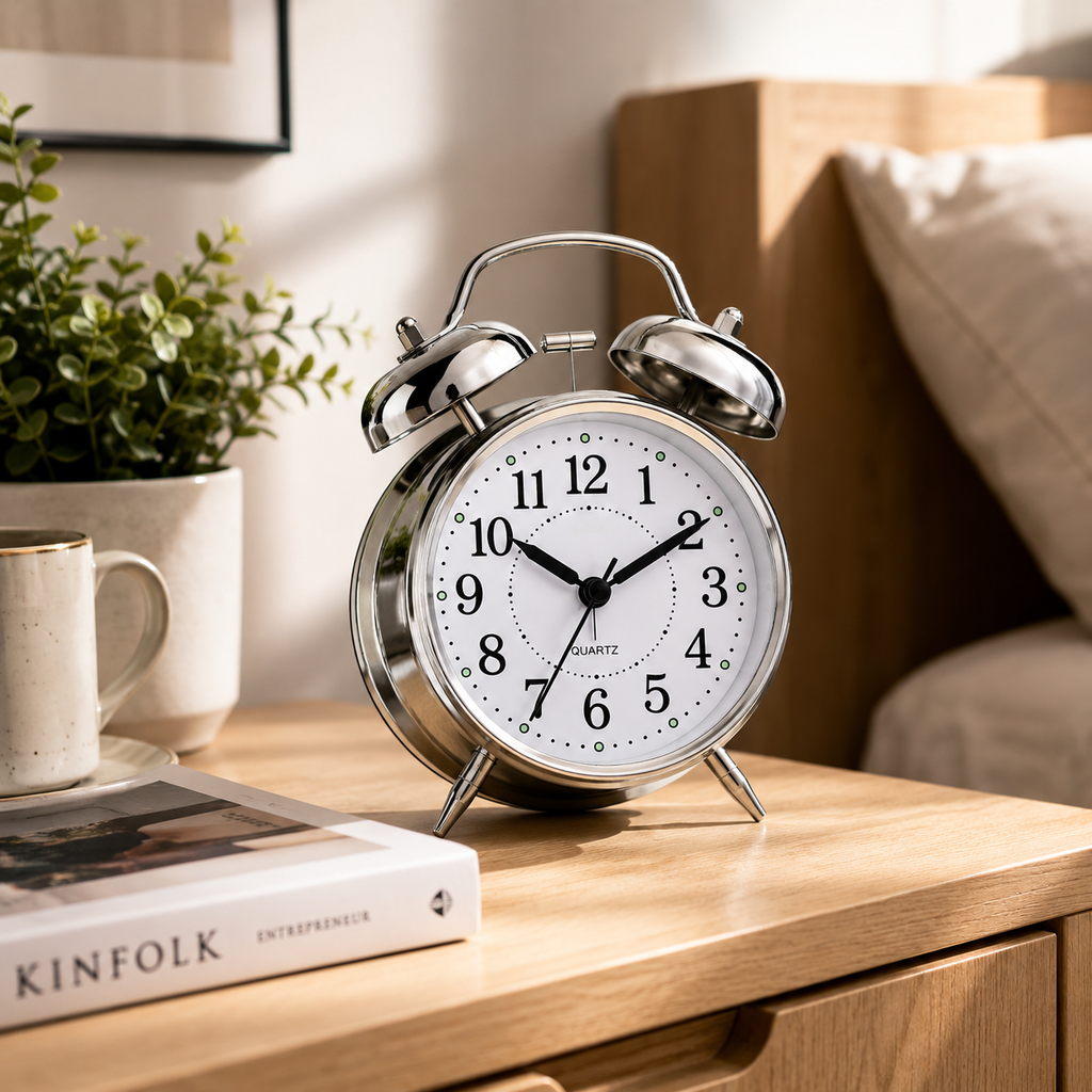 ELNEOR Retro Twin Bell Alarm Clock – Silent Quartz Movement | Loud Alarm | Chrome Finish