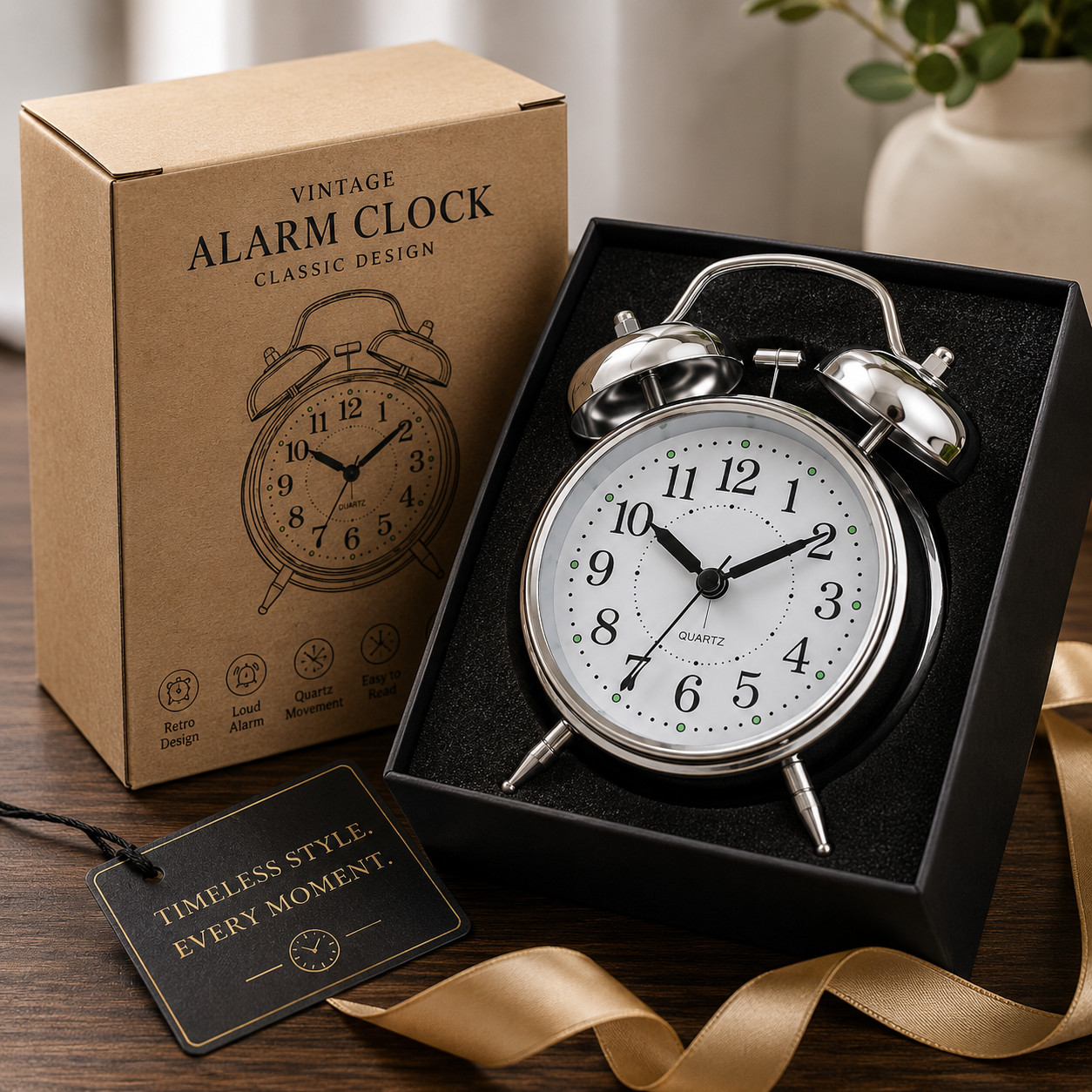ELNEOR Retro Twin Bell Alarm Clock – Silent Quartz Movement | Loud Alarm | Chrome Finish