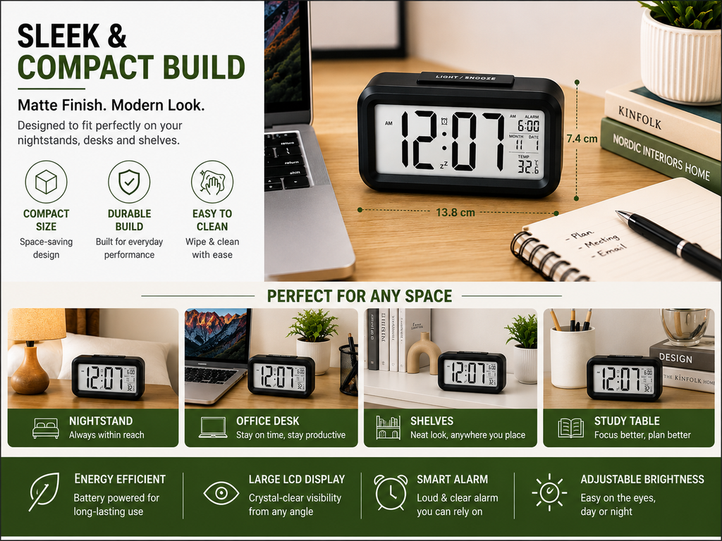 ELNEOR Digital Alarm Clock – Sleek & Compact Design