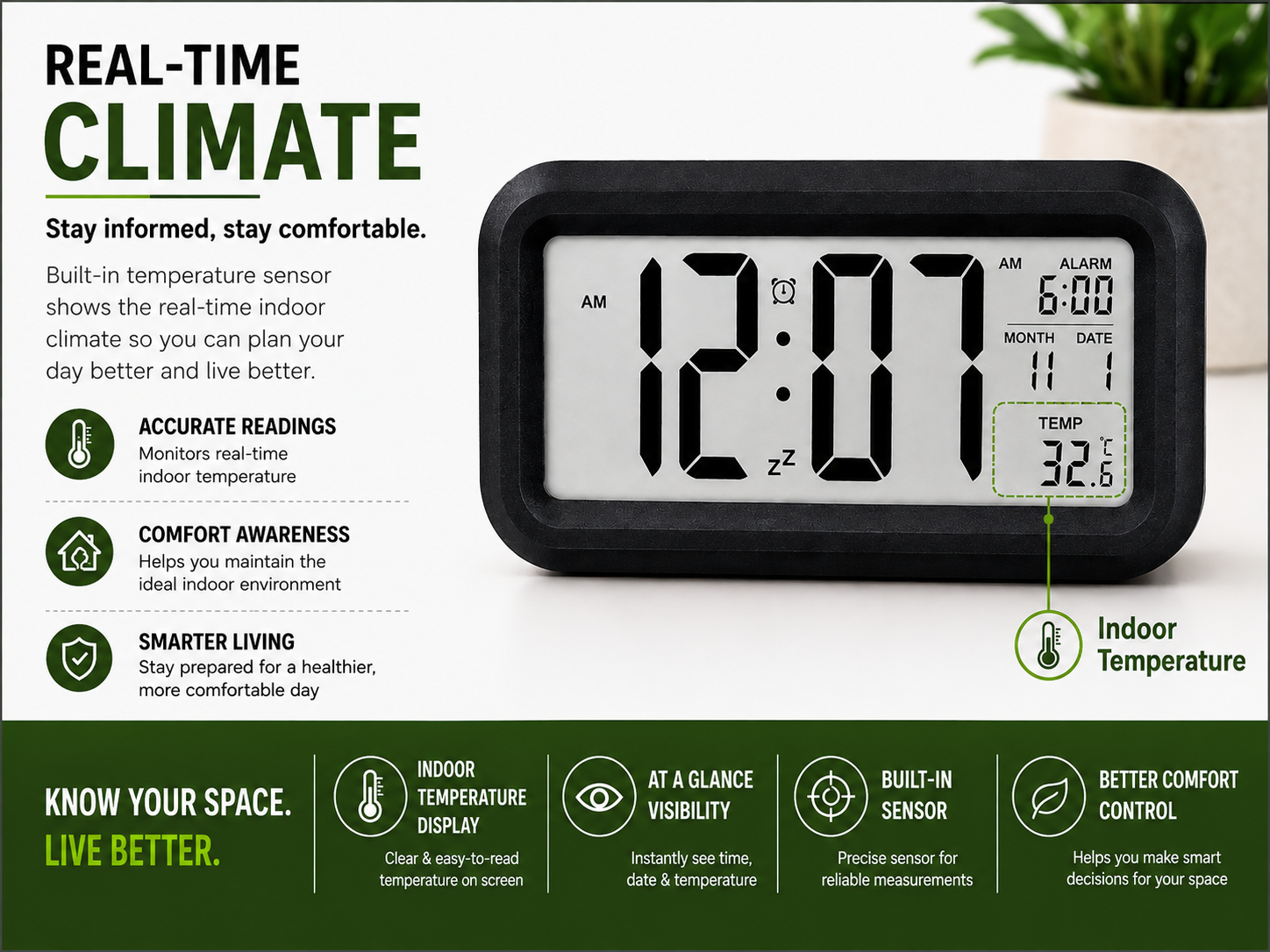 ELNEOR Digital Alarm Clock – Indoor Temperature Sensor