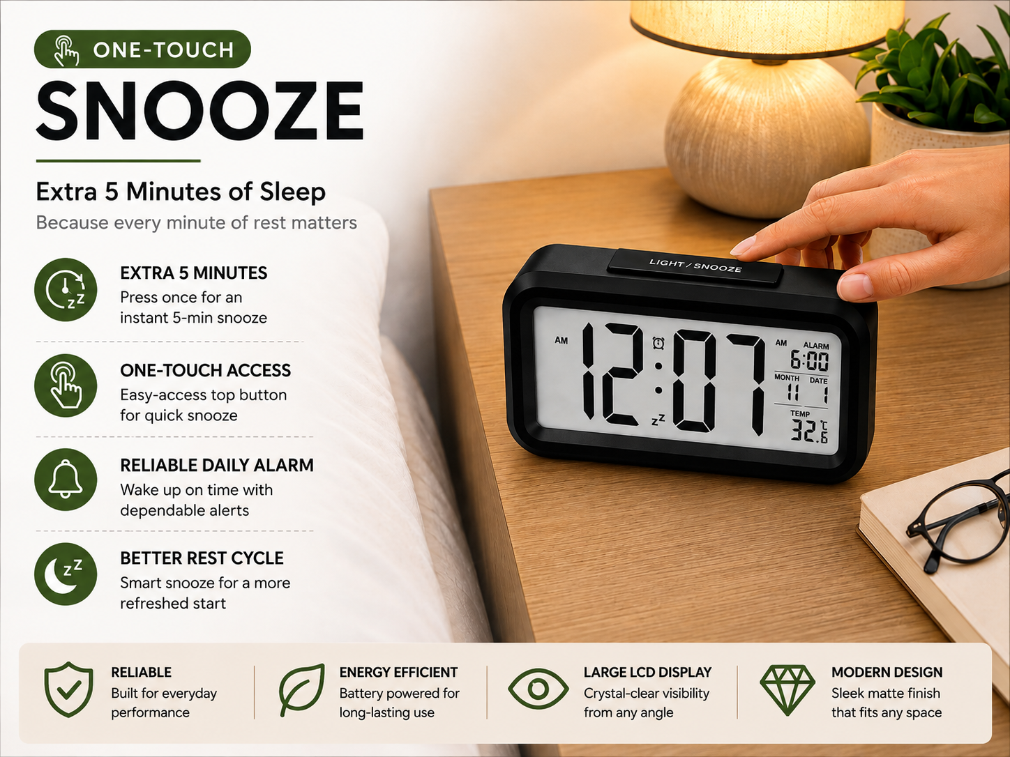 ELNEOR Digital Alarm Clock – One-Touch Snooze