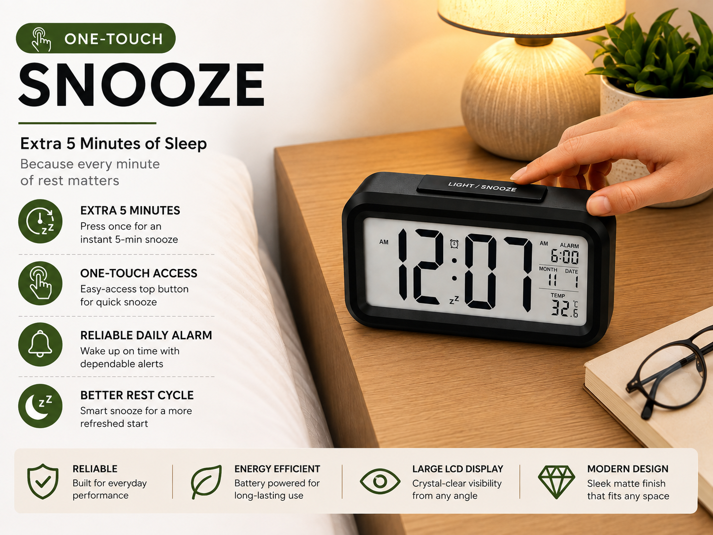 ELNEOR Digital Alarm Clock – Clear LCD Display