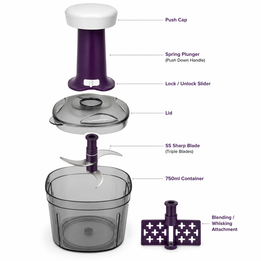 ELNEOR Smart Chop Pro – Manual Food Chopper with Safety Lock | 750ml | Triple SS Blade | Chop, Blend & Whisk