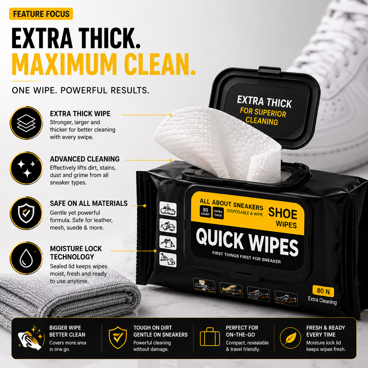 ELNEOR Shoe Quick Wipes – 80 Extra Thick Wipes + Premium Microfiber Towel Bundle