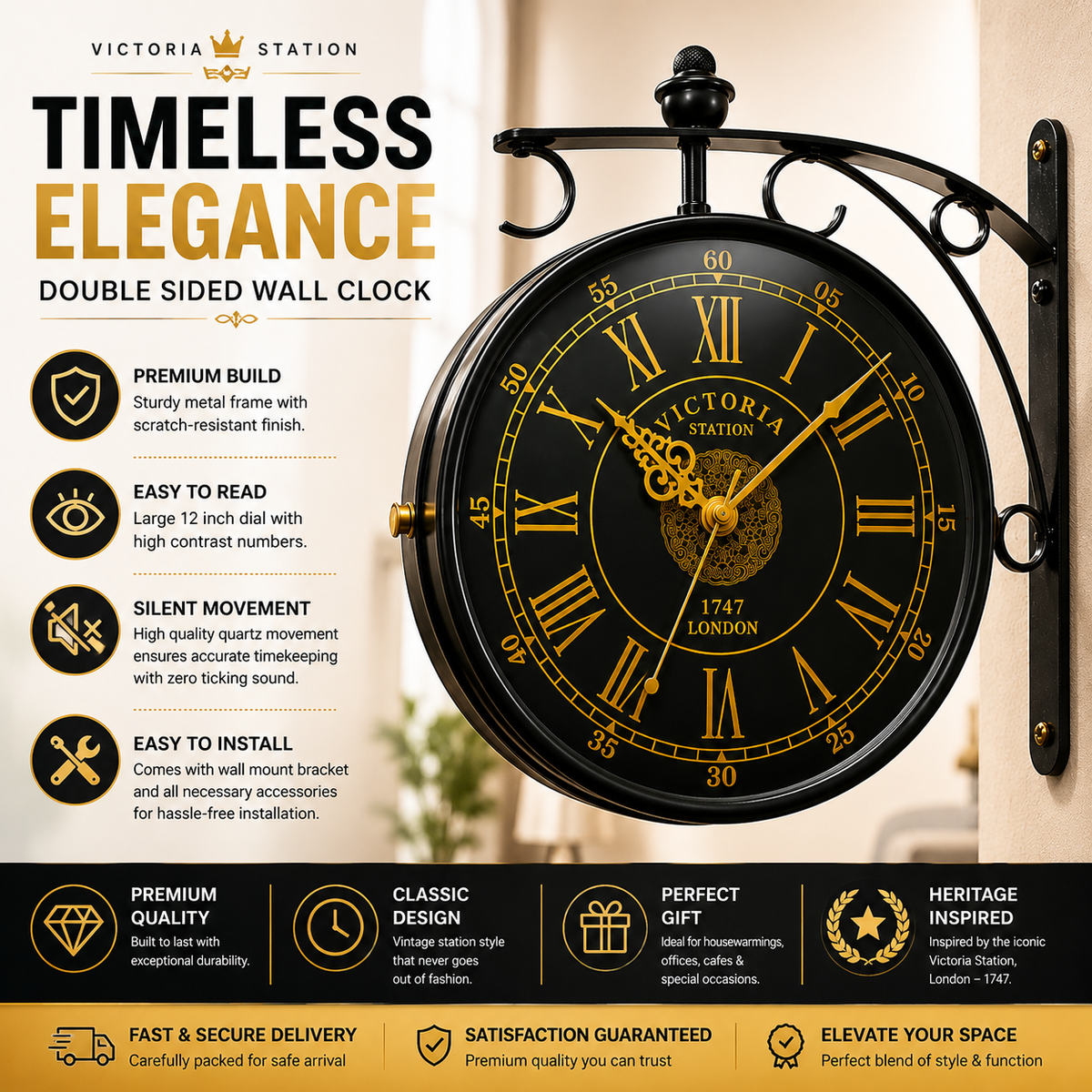 Station wall clock feature callouts and styling