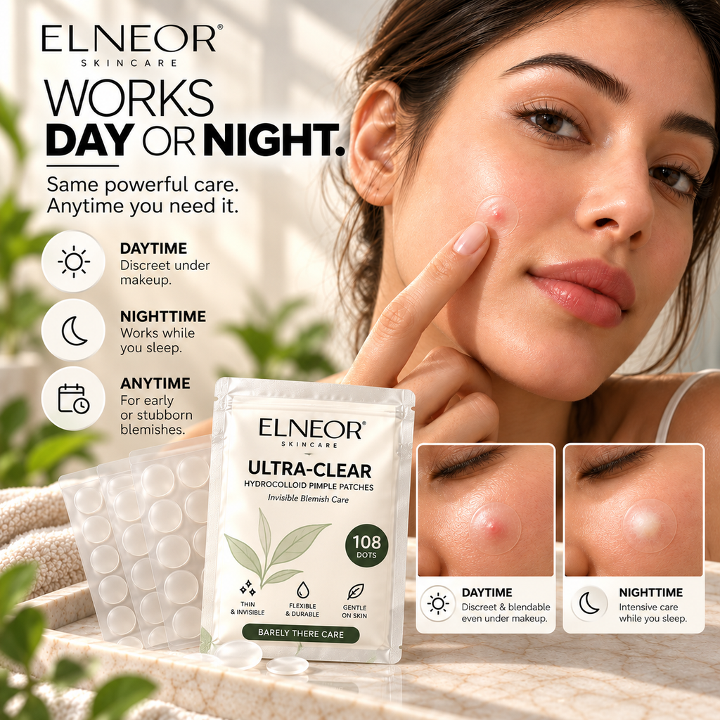ELNEOR Ultra-Clear Hydrocolloid Pimple Patches (108 Dots) – Invisible Overnight Blemish Care