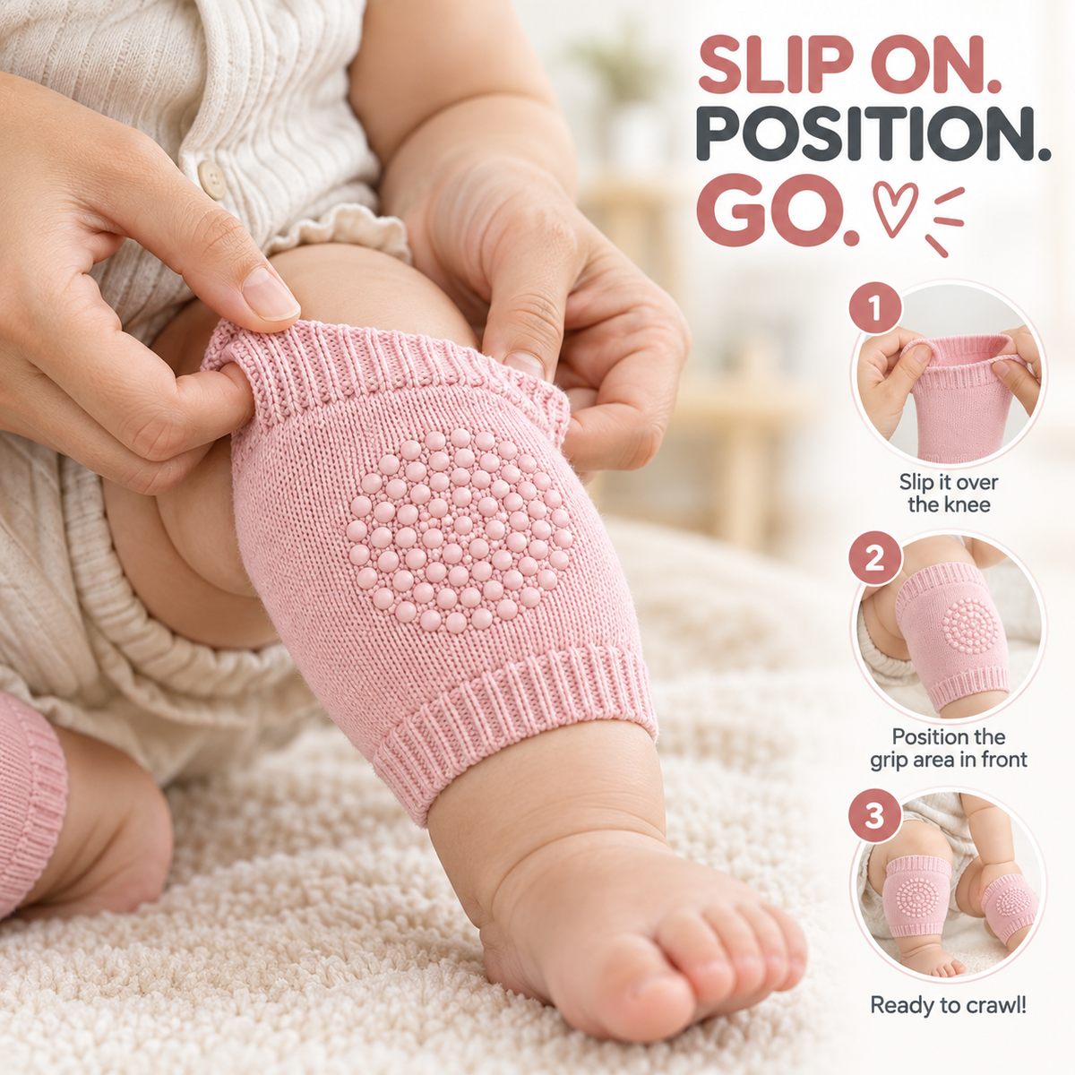 Three illustrated steps for fitting a pink baby crawling knee pad