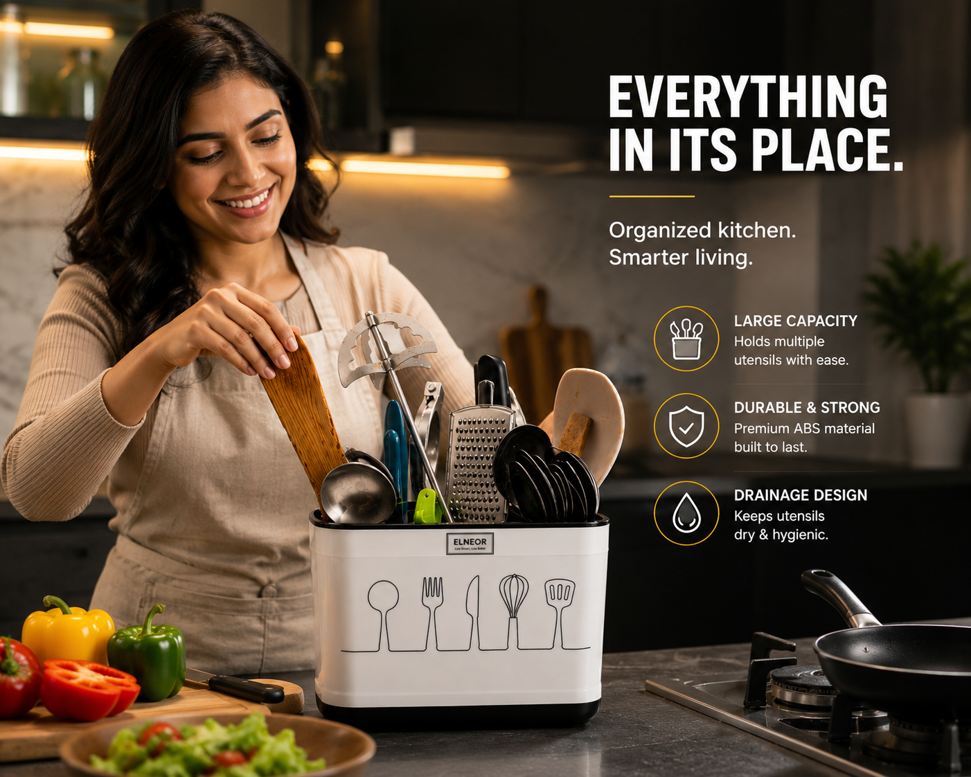 ELNEOR Kitchen Utensil Holder – Smart Spoon Organiser with Drainage