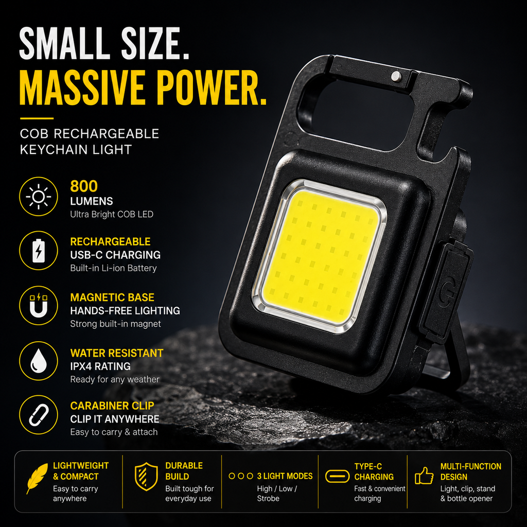ELNEOR™ Mini COB Keychain Light – Rechargeable Magnetic Work Light with Carabiner Clip